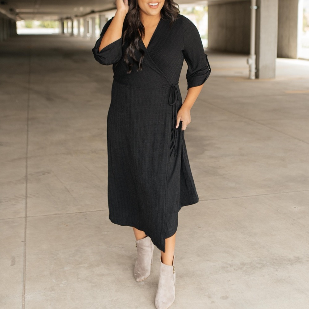 Black Ribbed Knit Midi Wrap Dress - Picture 10 of 16
